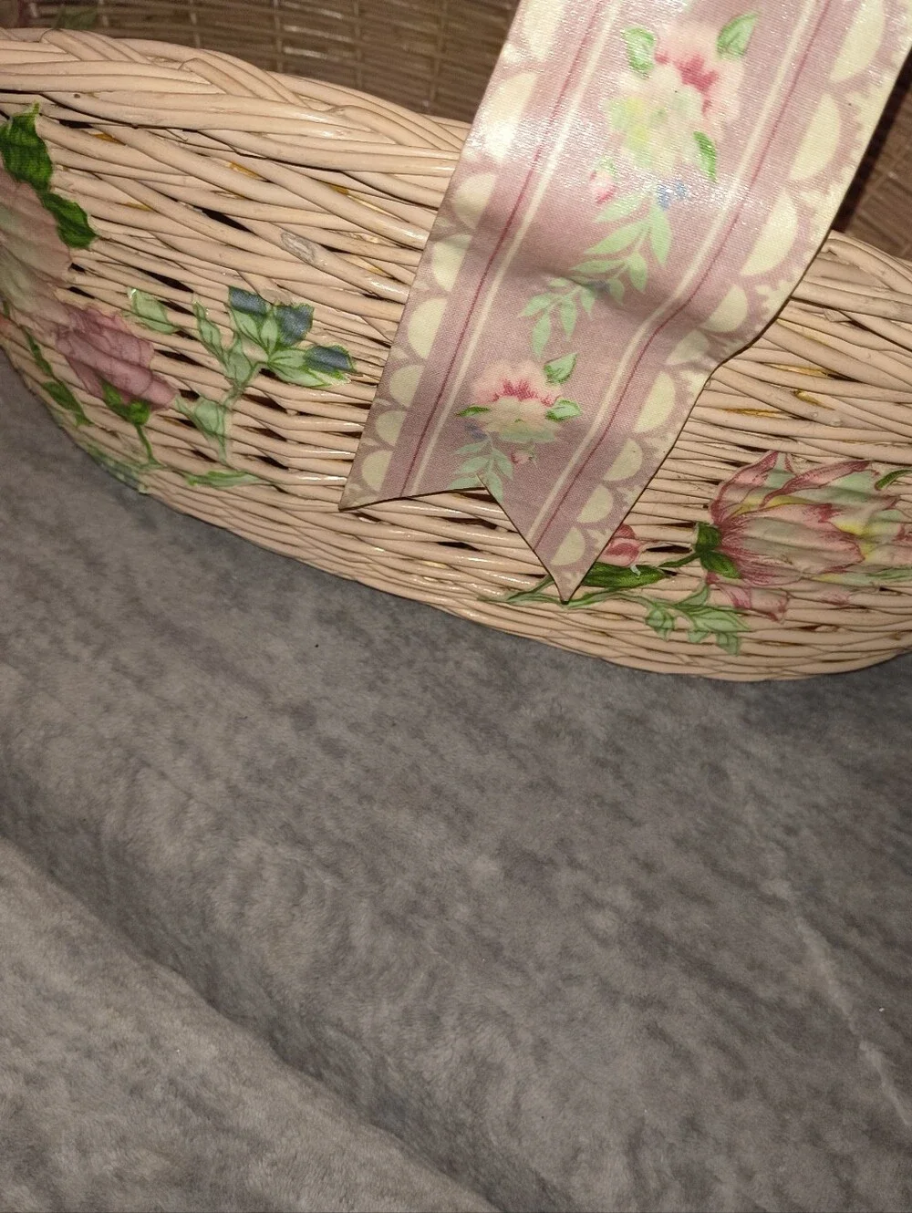 Vintage Woven Pink Floral Ribbon Basket Bag